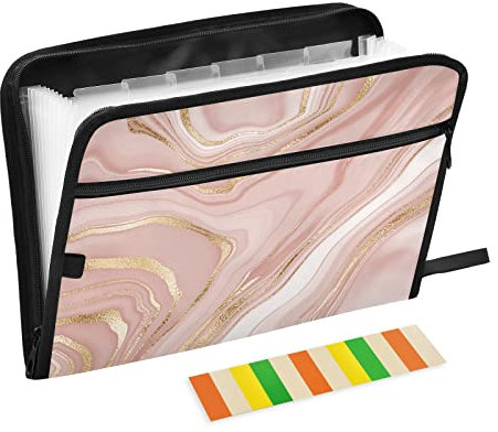 Rose Gold Glitter Splatter Accordian File Organizer 13 Pockets,Portable A4 Letter Size Filling Box,Expandable Desktop Accordion Folder,Plastic Paper Storage Organizer with Colored Labels-Gold Line