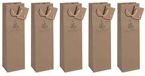 Sigel GT042/5 Flaschen-Geschenktüten aus Kraftpapier, 5er Set, 35 x 10 cm, braun, Christmas with apples, Papier-Geschenktaschen Weihnachten
