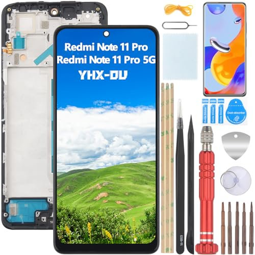 YHX-OU AMOLED Pantalla para Xiaomi Redmi Note 11 Pro Redmi Note 11 Pro 5G LCD Pantalla Reemplazo Digitalizador de Repuest Asamblea Pantalla Táctil con Herramientas de Reparación(Negro con Marco)