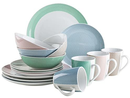 MÄSER Kitchen Time II, Geschirr-Set für 4 Personen, 16-tlg Kombiservice in Pastellfarben mit dezentem Muster, Porzellan, Blau/Beige/Rosa/Grün