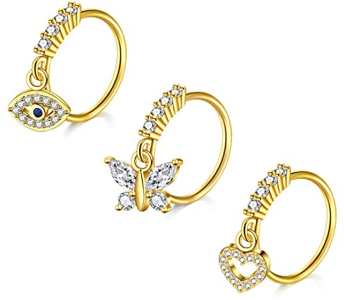 Mayhoop Nasenring 20G Nasenpiercing Hoops Goldene Augen Schmetterling Herz CZ Knorpel Helix Ohr Piercing Schmuck für Frauen Männer 3Stk