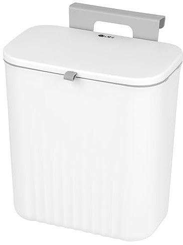 Dihl 9 Litre Hanging Trash Bin with Lid, Wall Mounted Garbage Can Kitchen Compost Bin, Plastic Rubbish Bin Wastebasket for Under Cupboard, Cabinet Door, Bedroom, Offices - White