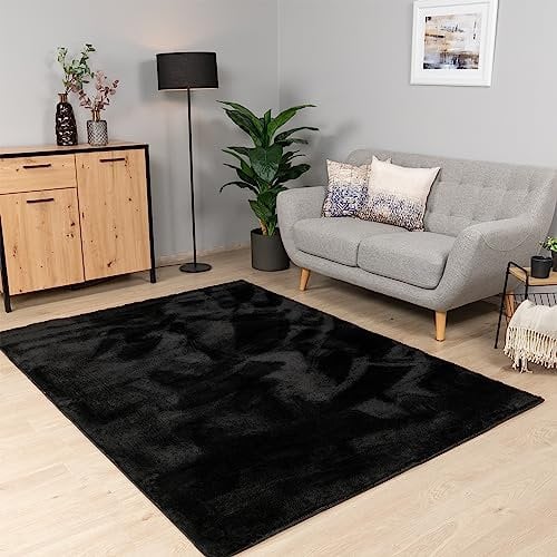 Paco Home Teppich Wohnzimmer Schlafzimmer Kurzflor Waschbar Einfarbiges Muster Flauschig Weich rutschfest Moderne Deko, Grösse:140x200 cm, Farbe:Schwarz
