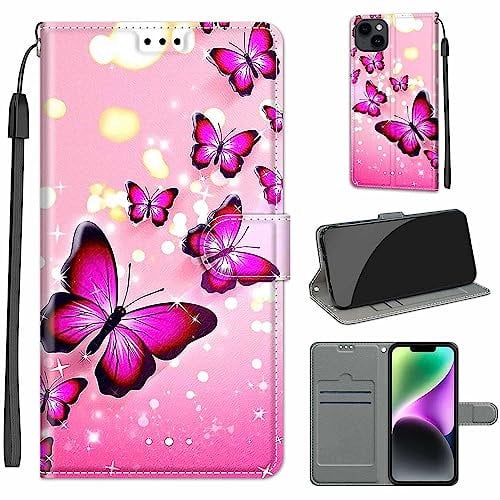 for iPhone 15 Case, PU Leather Wallet Book Flip Folio Stand View Cover Pouch Compatible with iPhone 15 Phone Case (Pink Butterfly)