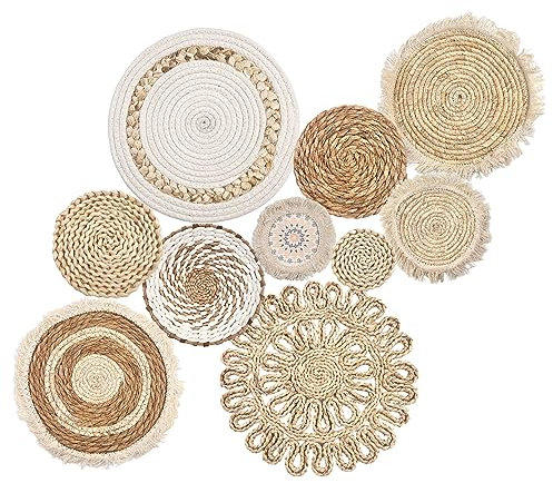 Set aus 10 Boho Wandkörben aus Rattan, Handgefertigte Macrame Körbe aus Wasserhyazinthe und Maisstroh, 7 Größen für Wohnzimmer, Schlafzimmer, Esszimmer, Büro Dekoration