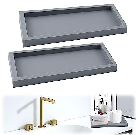 2pcs Bathroom Tray 7.87x3.93x0.7in, Toilet Tank Storage Silicone Vanity Kitchen Sink Bathroom Countertop Organiser Vanity Tray For Counter Decor Dresser Tops (Grey)
