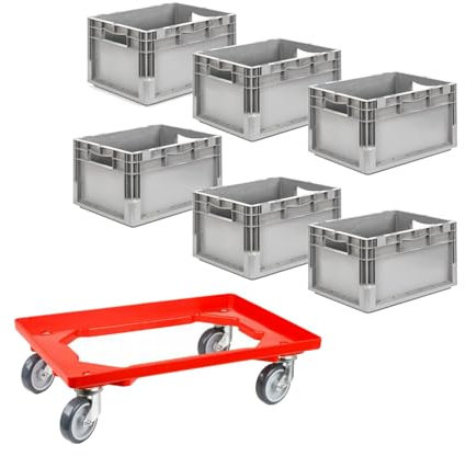 SSI Schäfer EuroBox ELB 4220 grau 40x30x22 cm, 20,4 L - gebraucht 6er Set inkl. neuem Rollwagen, Transportroller belastbar bis 300 kg, Kunststoffbehälter stapelbar, robuste Aufbewahrungsbox
