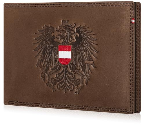 Hoamatkult Österreich Adler Geldtasche aus Vintage-Leder in Braun - Elegantes Design mit Adlerprägung, RFID-Schutz, Mehrfachfächer, Robust & Stilvoll