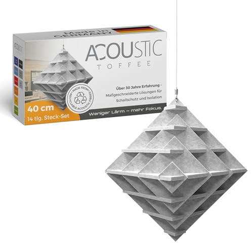 platino24 CUBO Schallabsorber 3D-Würfel zum Aufhängen – 40 cm – Silbergrau | Schalldämmung – Verbesserung der Raumakustik – aus Akustikfasern, 40x40x40cm – langlebig, extrem robust – 14-tlg. Steck-Set