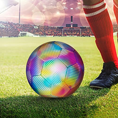 Reflective Holographic Glowing Football Size 5 Standard Practice Training Glow in the Dark by Light Reflection Football Toys with Carry Bag and Pump for Kids Adults