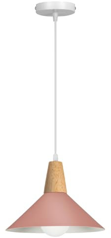 LIGKIN Suspension Luminaire Vintage Industrielle E27 Plafonnier Lustre Moderne 25CM Abat-jour en Métal Bois Lampes Suspendues pour Cuisine Salle à Manger Chambre Café, Rose (1 Pack)