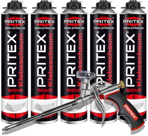 PRITEX WDVS Klebeschaum Set, 5x 750ml Dämmstoffkleber inkl. Pistole