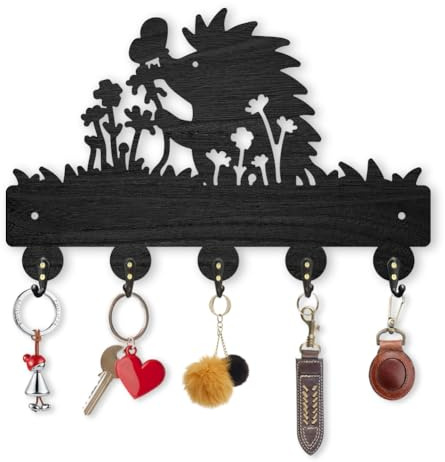 INFUNLY Entryway Key Hooks Wooden Key Hanger with Hedgehog and Butterfly Pattern Decorative Wall Shelf with 5 Hooks Wall Mounted Key Holder for Bags, Umbrella, Sunglasses, Wallet Easy Installation