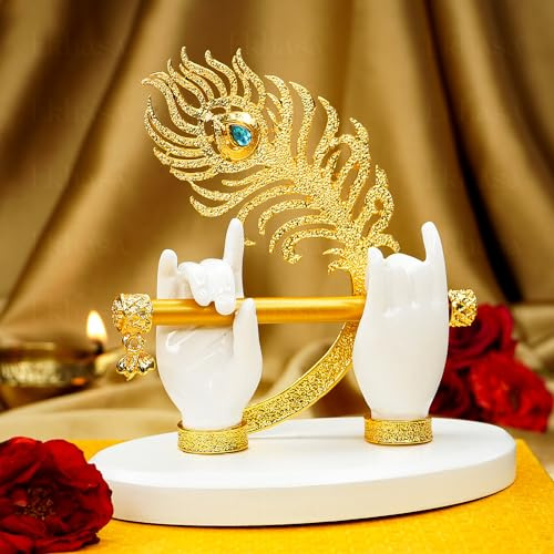 Ekhasa Lord Krishna händer med flöjtsidol | Krishna flöjt handstaty | Krishnaji gudomliga händer idol med flöjt och påfågelfjäder | Krishna-staty för bilinstrumentbräda, vardagsrum och Griha Pravesh