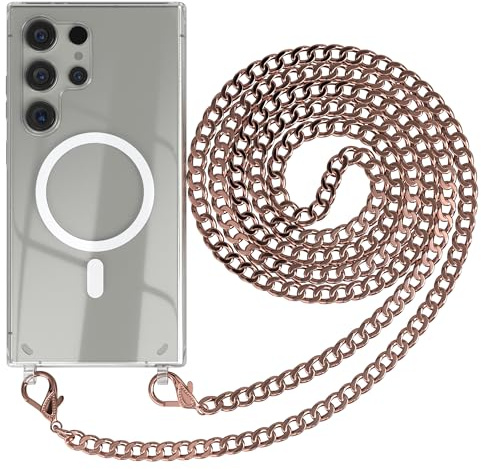 EAZY CASE - Handykette kompatibel mit Samsung Galaxy S24 Ultra Kette zum Umhängen Stoßfest Handyhülle für Galaxy S24 Ultra Silikon Hülle mit Band aus Metall Handytasche Transparent in Rosé-Gold