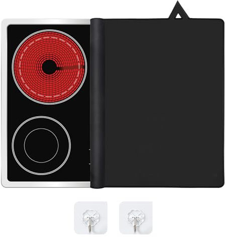 LIFEDYLUK Tapete de Inducción 62x53cm, Protector contra Salpicaduras para Placas de induccióncon 2 Ganchos, Almohadilla para Placa de inducción Antideslizante con patrón de Gato (Negro)