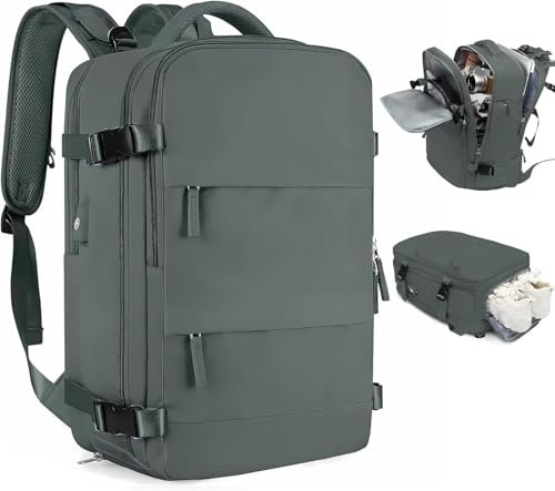 OUUTMEE Travel Backpack for Women Men, Large Carry On Backpack with Shoes Compartment, Waterproof Laptop backpack with USB Charging Port Fit 14 Inch Laptop, Casual Daypack School Bag (Green)