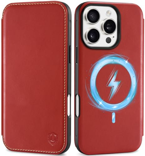 SHIELDON Wallet Case for iPhone 16 Pro 5G 6.3, Genuine Leather Slim Thin Flip Folio[Card Holder][RFID Blocking] Protective Magnetic Wireless Charging Cover Compatible with iPhone 16 Pro - Retro Red