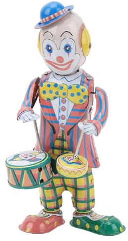 NOENNULL Clown Doll Wind Up Clown Tinplate Retro Clockwork Clown Drummer Figure Vintage Clown Toy for Kids Desktop Decoration Ornament Party Favor Gift