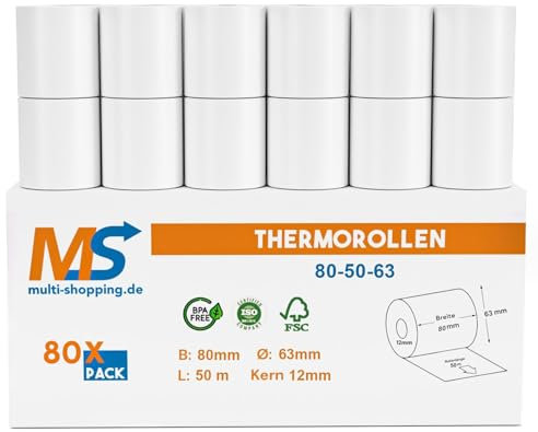 Kassenrollen/Thermorollen/Bonrollen 80mm x 50m x 12mm Bpa frei für alle gängigen Thermo Kassen-Bondrucker B: 80mm x L: 50m Ø60mm (80)