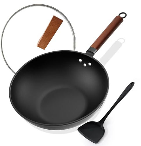 Kordisen Nonstick Wok with Lid, 33 cm/5,6 L Woks & Stir Fry Pans Nonstick, Pre-Seasoned Flat Bottom for Induction, Electric, Gas Stoves