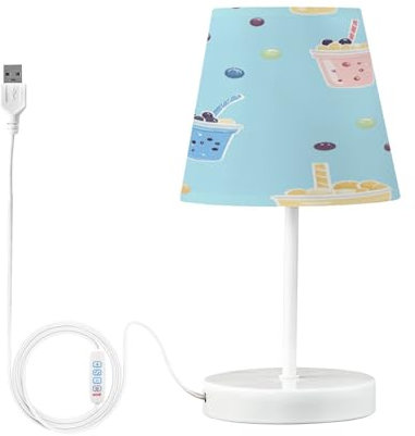 JUMBEAR Small Eye Care Table Lamp,Cartoon Milk Tea Cup Bedside Lamps Nightstand Lamps with Flaxen Fabric Shade for Kids Room Living Room Office Desk-M