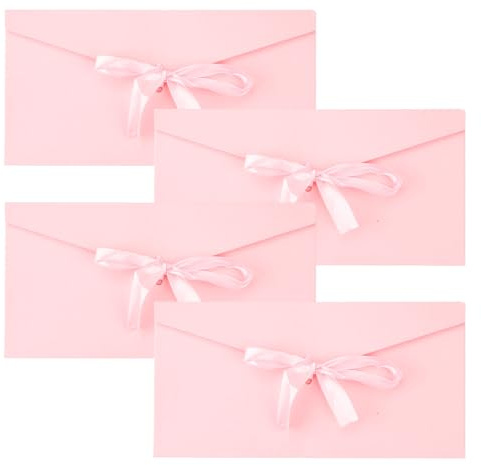 Tabanzhe Lot de 4 enveloppes en papier kraft rose rétro avec rubans, carte d'invitation vintage pour invitations faites à la main, lettres, mariage, anniversaire