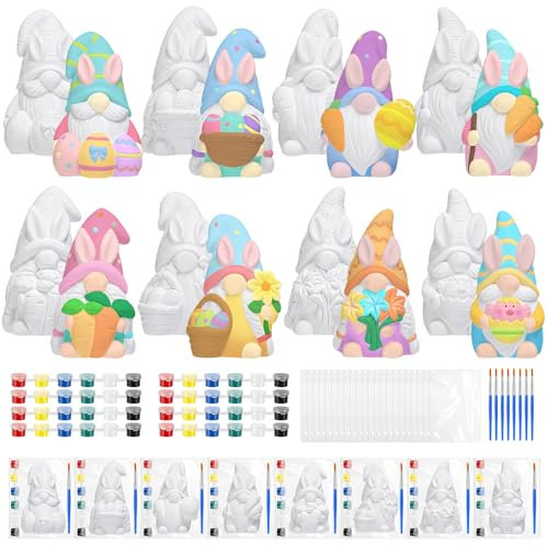Foilswirl 8 Pcs Gnome Ceramics to Paint Ready to Paint Your Own Ceramic Gnome Statues DIY Unpainted Ceramics Paintable Figurines Kit Crafts with Brush Palette