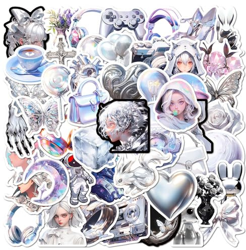 50Pcs Silver-Color Series Object Stickers Aesthetic Ins VSCO Decals for Laptop Cellphone Computer Water Bottle Skateboard Gift for Girls Boys Women Kids Teens Adult