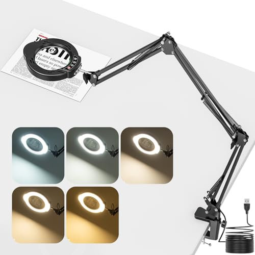 Jubor Verbesserte Lupe mit Licht und Ständer, 10X 15X Lupenleuchte mit Klemme und 3 Schwenkarm, LED Lupenlampe Tisch mit 5 Farbmodi und 10 Helligkeitsstufen für Hobby Basteln, Reparatur, Heimwerker
