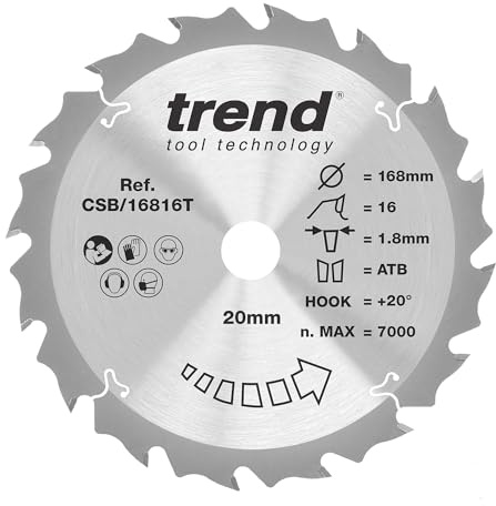 Trend Cordless Wood Circular Saw Blade, 168mm, 20mm Bore, 16T, TCT | Ideal For Coarse Wood Cuts On Cordless Saws, With 16 Teeth, 1.8mm Kerf And +20° Hook, CSB/16816T