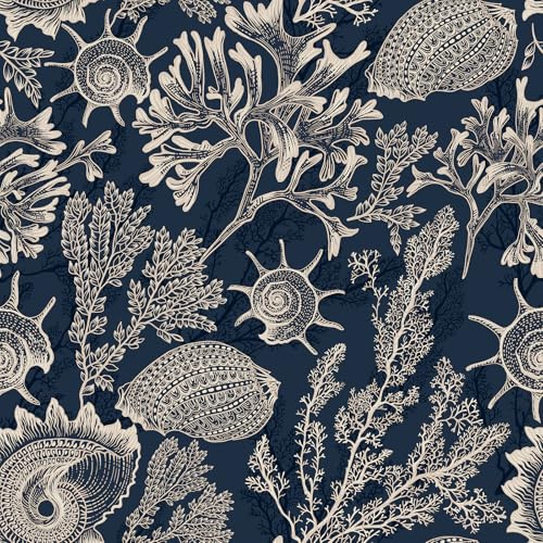 FunStick Dark Blue Wallpaper Peel and Stick Marine Life Sea Coral Conch Sticky Back Plastic Bathroom Roll Self Adhesive Wallpaper Blue Pattern Under The Sea Vinyl Wrap for Bedroom Walls 44.5CMx3M