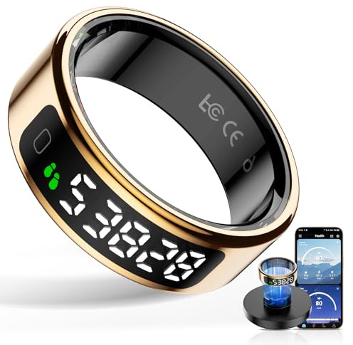 HPLSZCN Smart Ring Herren, Smartring mit LED Anzeige, Fitness Ring Damen, 5ATM Fitness Tracker Ring mit Aktivitätstracker/Herzfrequenz/ SpO2/ Schlaf/Ferngesteuerte Fotografie iOS/Android (Gold, 13)