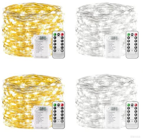 plainshe Lichterkette Batterie - 2Stk Weiß 2Stk Warm Weiß, 10m 100 LED Silberdraht Micro Lichterkette Außen Wasserdicht 8 Modi Fernbedienung Timer für Weihnachtsbaum Außen Innen Garten Hochzeit Balkon