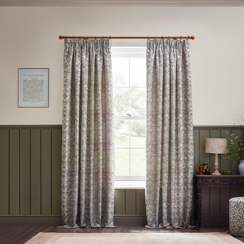 Morris&Co. Strawberry Thief Pencil Pleat Curtain Pair – Iconic Bird & Floral Jacquard Lined Velvet Drapes (Biscuit - 168x229cm)