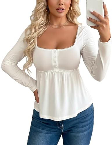 Coloquin Women Long Sleeve Babydoll Top Square Neck Peplum Henley Shirts Going Out Tops White M