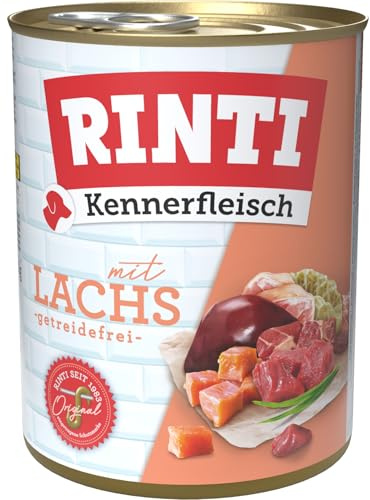 RINTI Nourriture Humide avec 70% de Viande pour Chiens Adultes - Nourriture complète sans céréales dans Une boîte sans soja, colorants et conservateurs - 12 x 800 g de Saumon