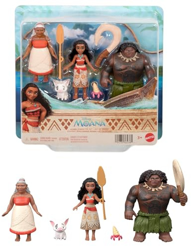 Mattel Disney Vaiana Set aus 3 kleinen Puppen & Zubehör | Bewegliche Puppen: Vaiana, Halbgott Maui & Oma Tala, mit Pua dem Schwein, Krabbe & 2 Zubehörteilen, JLN21