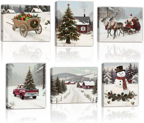 TOARTI Weihnachten Poster,Weihnachtsmann Leinwand Bilder,Schneemann Wanddeko,Weihnachtsbaum Poster Set,Verschneite Landschaft Leinwand Wandbilder für Wohnzimmer Schlafzimmer Küche Deko,6er Set 20x25cm