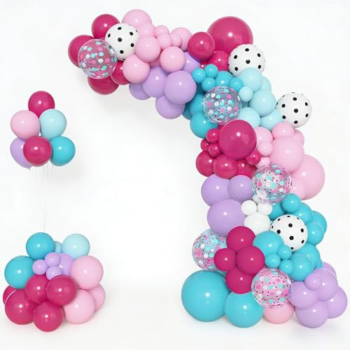 BlueCloudy Kit arco guirnalda globos rosa fucsia y verde azulado, diferentes tamaños 30 25 12 cm, globos turquesa morado rosa rojo confeti lunares blancos, para cumpleaños sorpresa spa