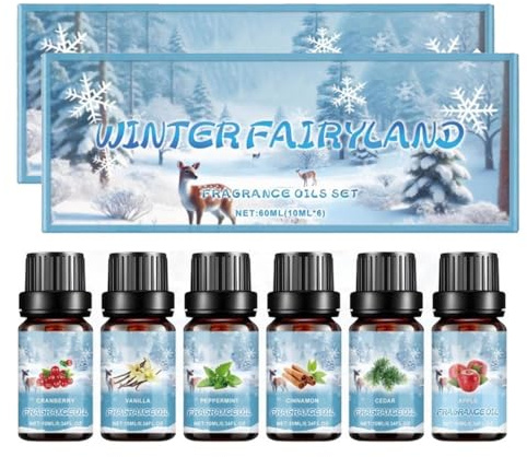 Winter Ätherische Öle Set, Diffuser Atherische Ole, 6 x 10ml Ätherische Öle, für Diffuser, Winterzeit Ätherische Öle, Zeder, Vanille, Zimt, Apfel, Minze, Cranberry, für Duftlampen und DIY (2PC)