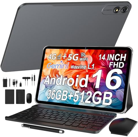 LEVIRTU Android 16 Tablet 14 Zoll Octa-Core 2,2 GHz 36GB RAM + 512GB ROM (2 TB TF) INCELL FHD/4G LTE/SIM-Kartensteckplatz/5G WiFi/115800 mAh/Widevine L1/Gaming-Tablet mit Tastatur/Maus/Grau