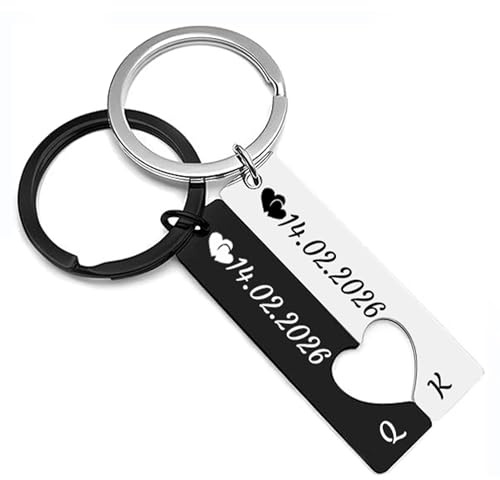 Set de Porte-Clés Cœur Personnalisé pour Couple (2 Pièces) | Gravure avec Date et Prénoms - Cadeau d'Anniversaire, Saint-Valentin ou Fiançailles - Porte-Clés Assortis