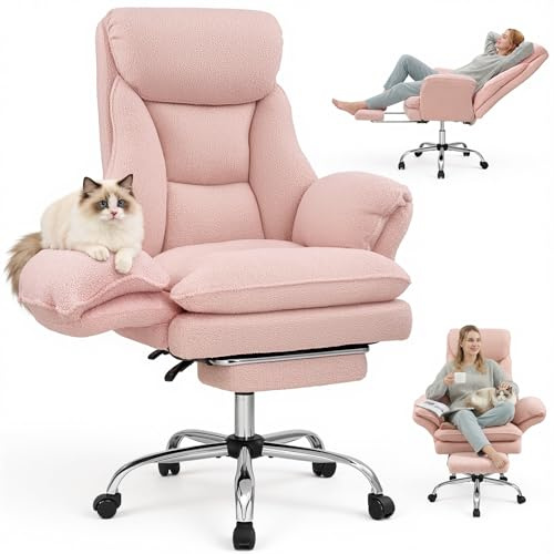 Warmiehomy Big and Tall Office Chair for Home, Teddy Fleece Comfy Office Chair with Flip Armrests for Pets and Cross Legged Ergonomic Office Chair, Gaming Chair with Foot Rest, 155° Reclining, Pink