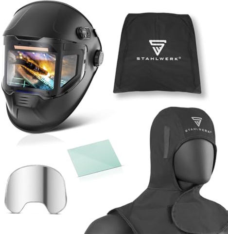 STAHLWERK Automatik-Schweißhelm 3-in-1 Split, LCD-Farbdisplay & Jobspeicher | Inklusive Schweißhaube, 180° Sichtfeld, True-Colour-Echtfarbwiedergabe, Abdunkelung DIN 4 - DIN 14, optische Klasse 1/1/1/1