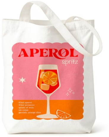Orsefeliy Canvas Tasche, 40x33 Baumwolltasche Stoffbeutel mit Cocktail-Print, Wiederverwendbare Tote Einkaufsbeutel, Waschbar Leinen Schultertasche für Shopping, Geschenkidee für Aperol-Liebhaber