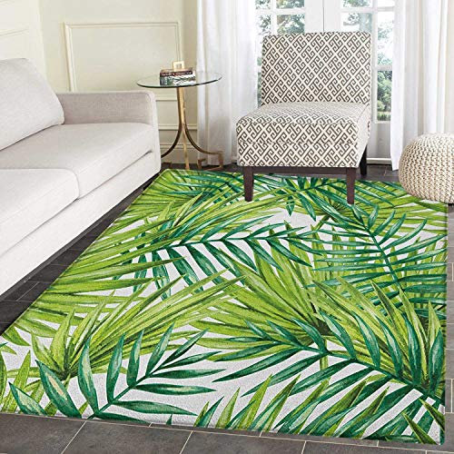 Plant Print Area rug Watercolor Tropical Palm Leaves Colorful Illustration Natural Feelings Indoor/Outdoor Area Rug 5'x6' Fern Green Lime Green