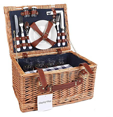 display4top Deluxe 4 Person Traditional Wicker picnic basket Wicker Hamper - Premium Set with Plates, Wine Glasses, Flatware and Napkins (Blue)