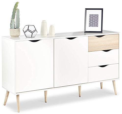 VonHaus Large Sideboard - Wide Storage Cabinet White & Oak Wood Effect - Scandi Nordic Style Sideboard w/ 2 Doors, 3 Drawers & Tapered Legs - Modern Furniture for Living Room, Lounge & Hallway