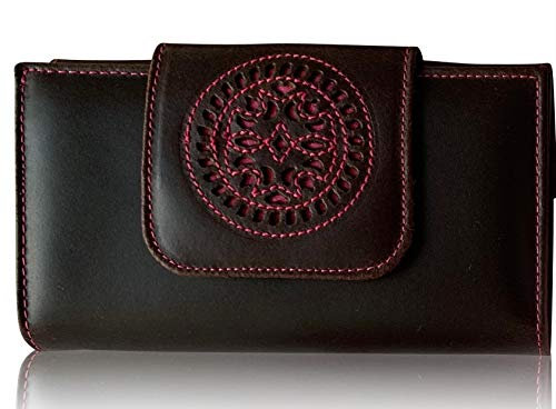 LEGADO Cartera Mujer Monedero de Mujer Billetero Piel Rosa Fuxia señora Cuero Grande Gran Capacidad Hecho en Ubrique España Regalo Pulsera Bandera ESPAÑA y Tarjeta de Protección(Mediana)